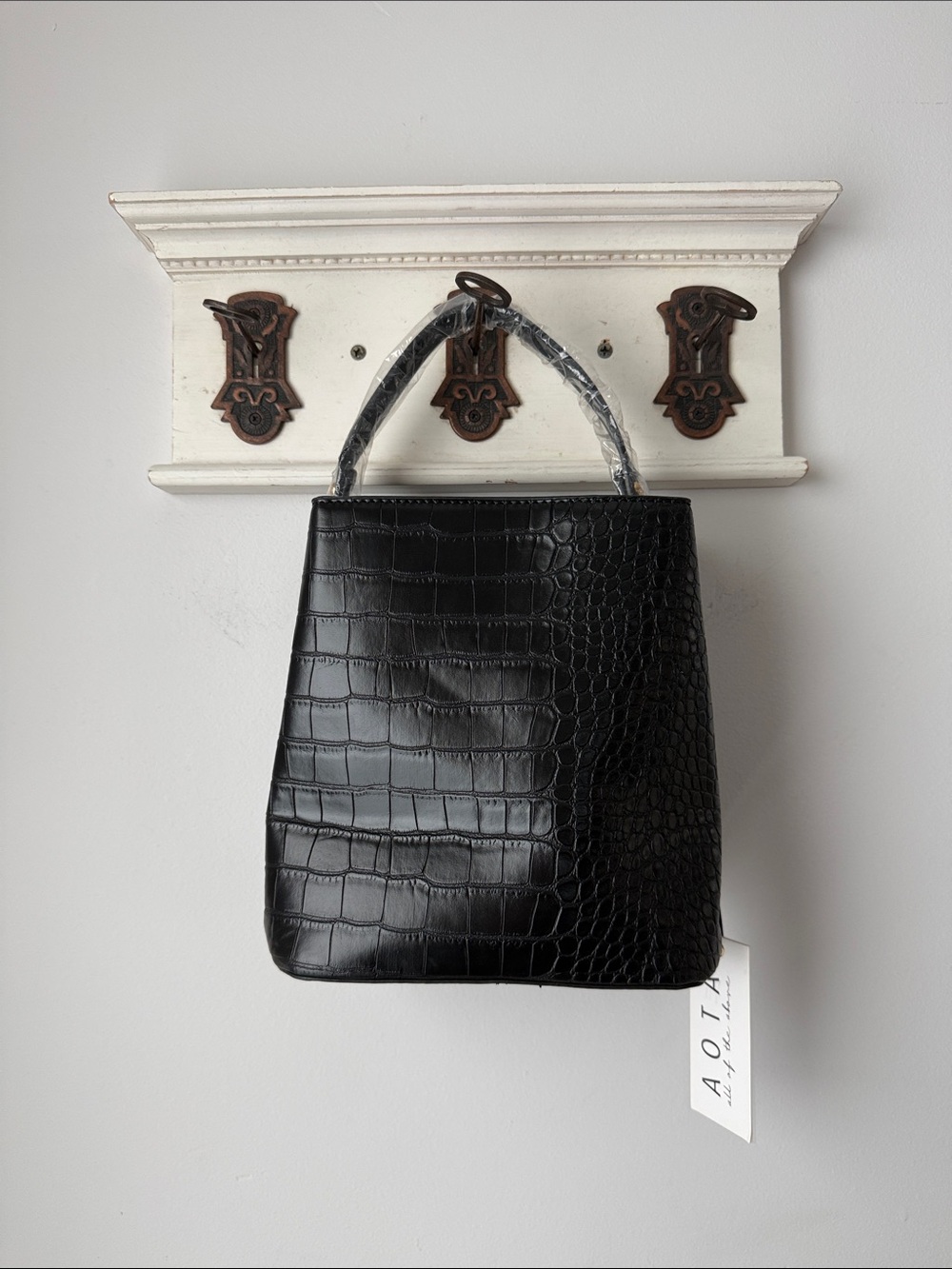 AOTA Black Crossbody Bag Croc-Embossed Top Handle Vegan Faux Leather Classy